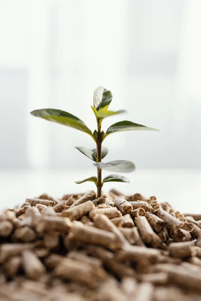 Pflanze wächst aus Holzpellets – Symbol für Nachhaltigkeit beim Pelletsheizung Kaufen.